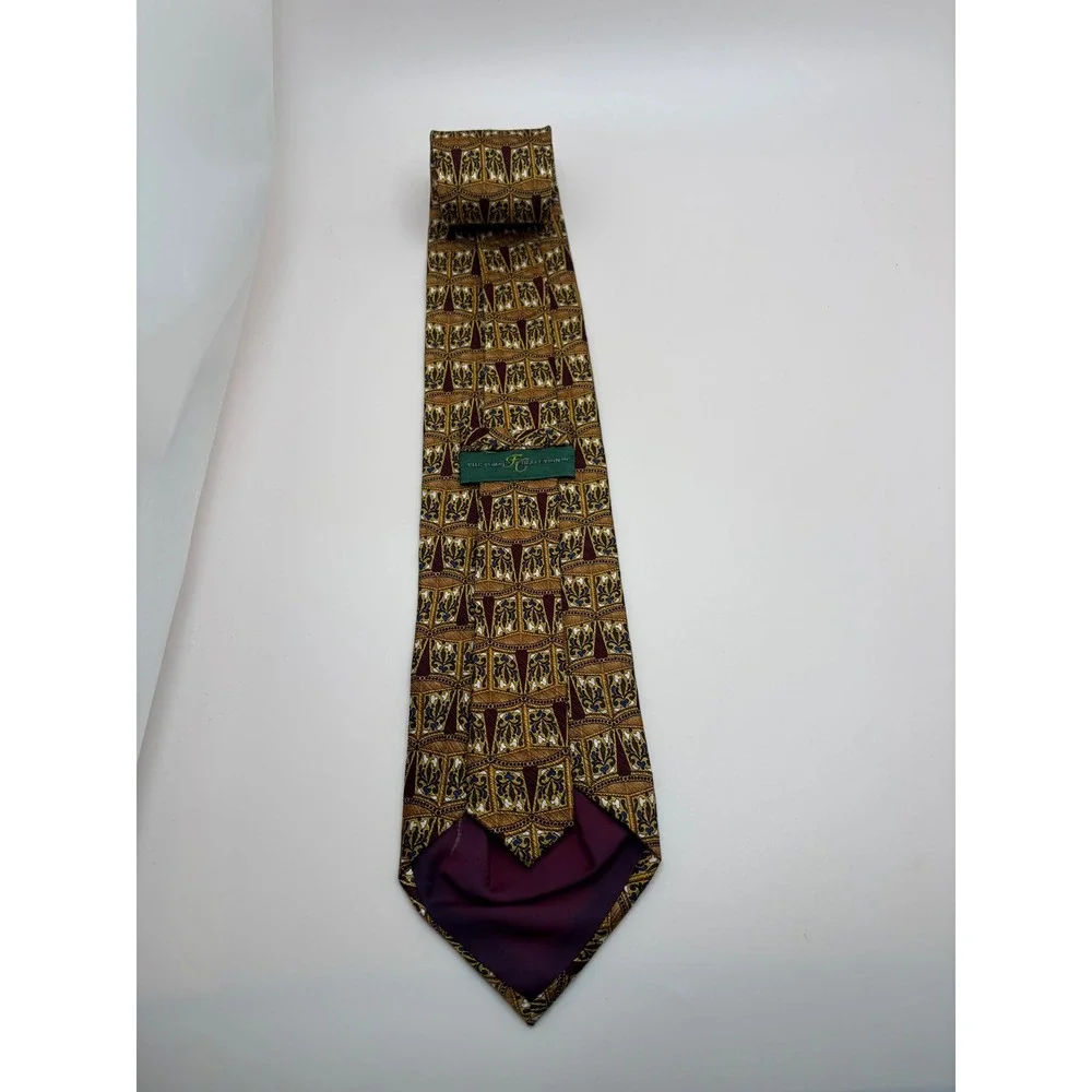 The Forbes Collection Mens Silk Tie Gold Burgundy Floral Geometric Hand Made